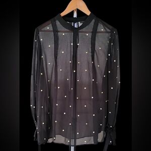 Ann Taylor Women's Sheer Black with Gold Foil Polka Dots Blouse Sz L